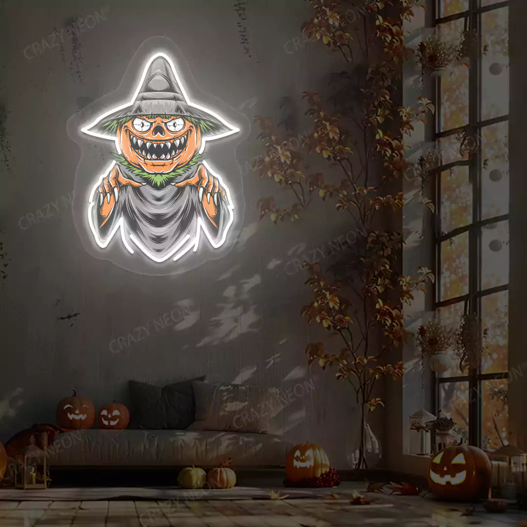 Pumpkin Witch Neon Artwork | White