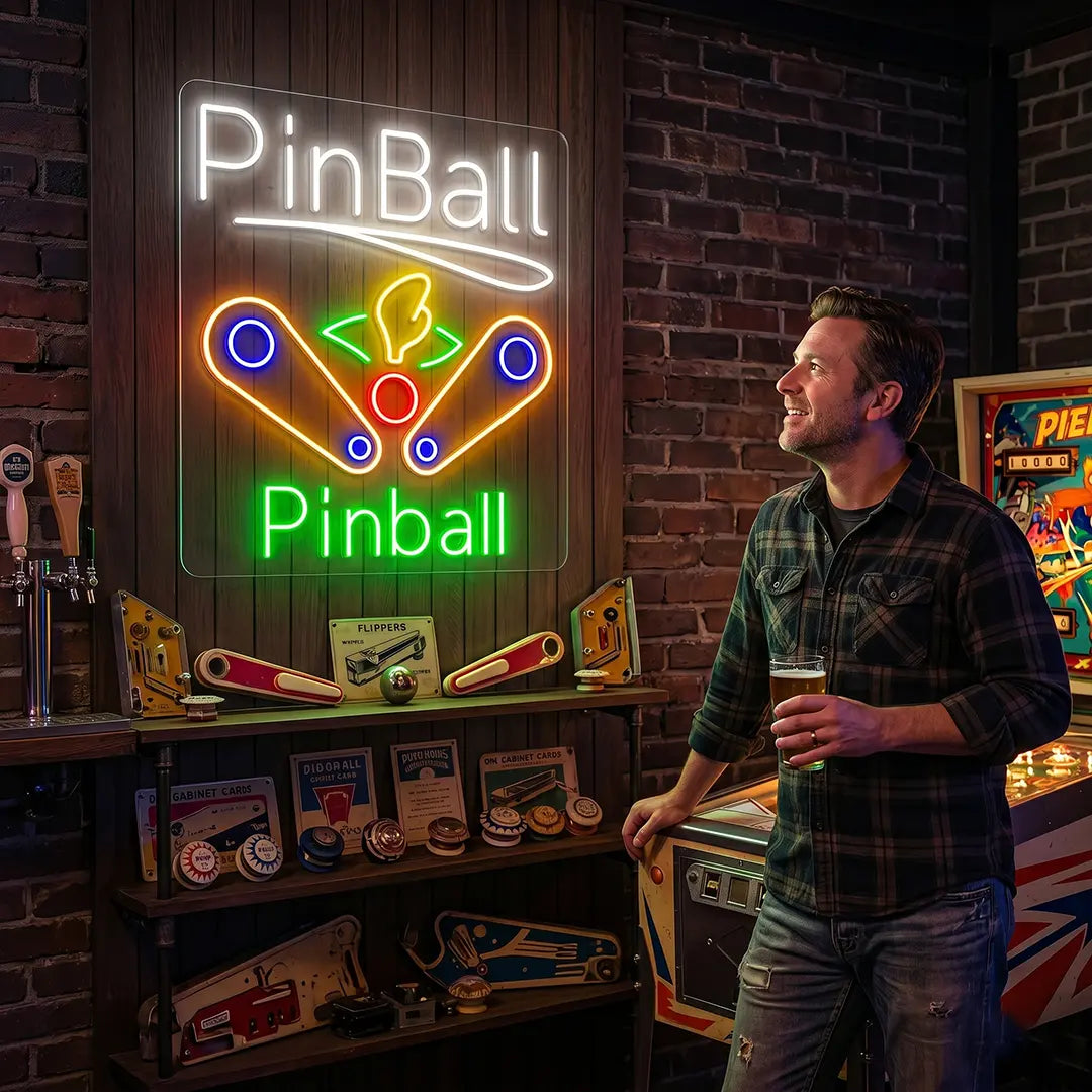 Multi color pinball wizard vintage neon sign mounted on a wall