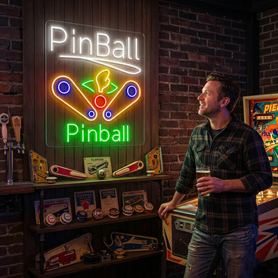 Multi color pinball wizard vintage neon sign mounted on a wall