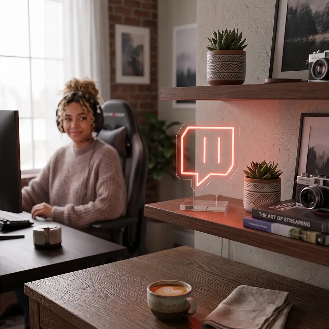 Twitch inspired neon lamp glowing on a shelf beside a gaming setup, adding a streamer themed accent to a modern content creator workspace.