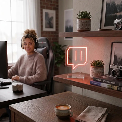 Twitch inspired neon lamp glowing on a shelf beside a gaming setup, adding a streamer themed accent to a modern content creator workspace.