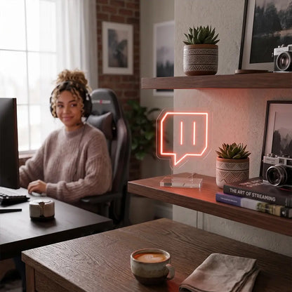 Twitch inspired neon lamp glowing on a shelf beside a gaming setup, adding a streamer themed accent to a modern content creator workspace.
