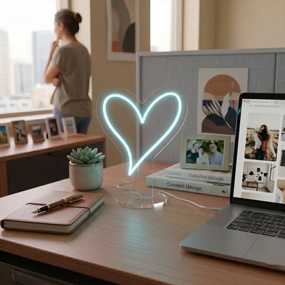 Heart-shaped neon lamp on a modern desk beside a laptop in a bright home office.