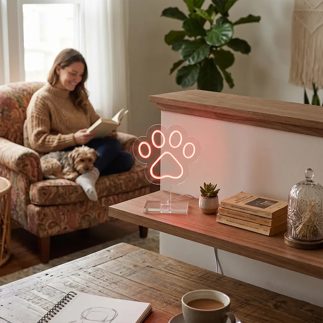 Paw print neon lamp on a cozy side table, adding a warm glow to a pet-friendly living room while a woman relaxes with her dog and a book.