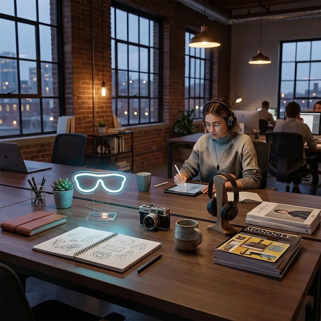 Glasses neon lamp on a modern coworking desk, adding a stylish glow to a creative workspace where a designer sketches ideas in a contemporary office setting.
