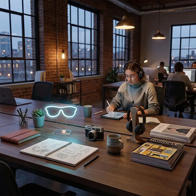 Glasses neon lamp on a modern coworking desk, adding a stylish glow to a creative workspace where a designer sketches ideas in a contemporary office setting.