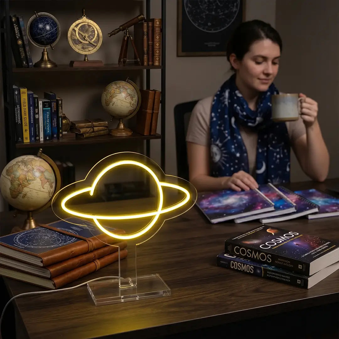 Planet neon lamp glowing on a desk surrounded by astronomy books and globes, creating a cozy space themed study corner while a woman enjoys a warm drink.