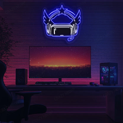 VR Powered Headphone Neon Artwork in Blue color