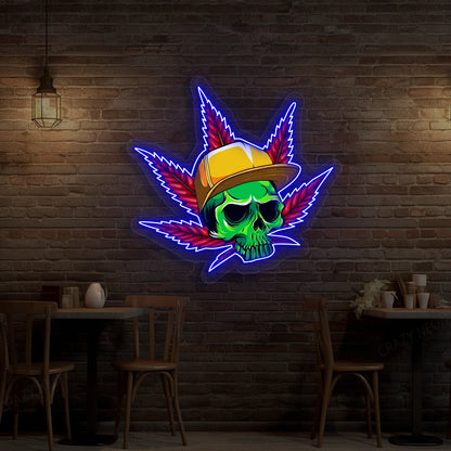 Skull Cap Weed Leaf Neon Artwork in Blue Color