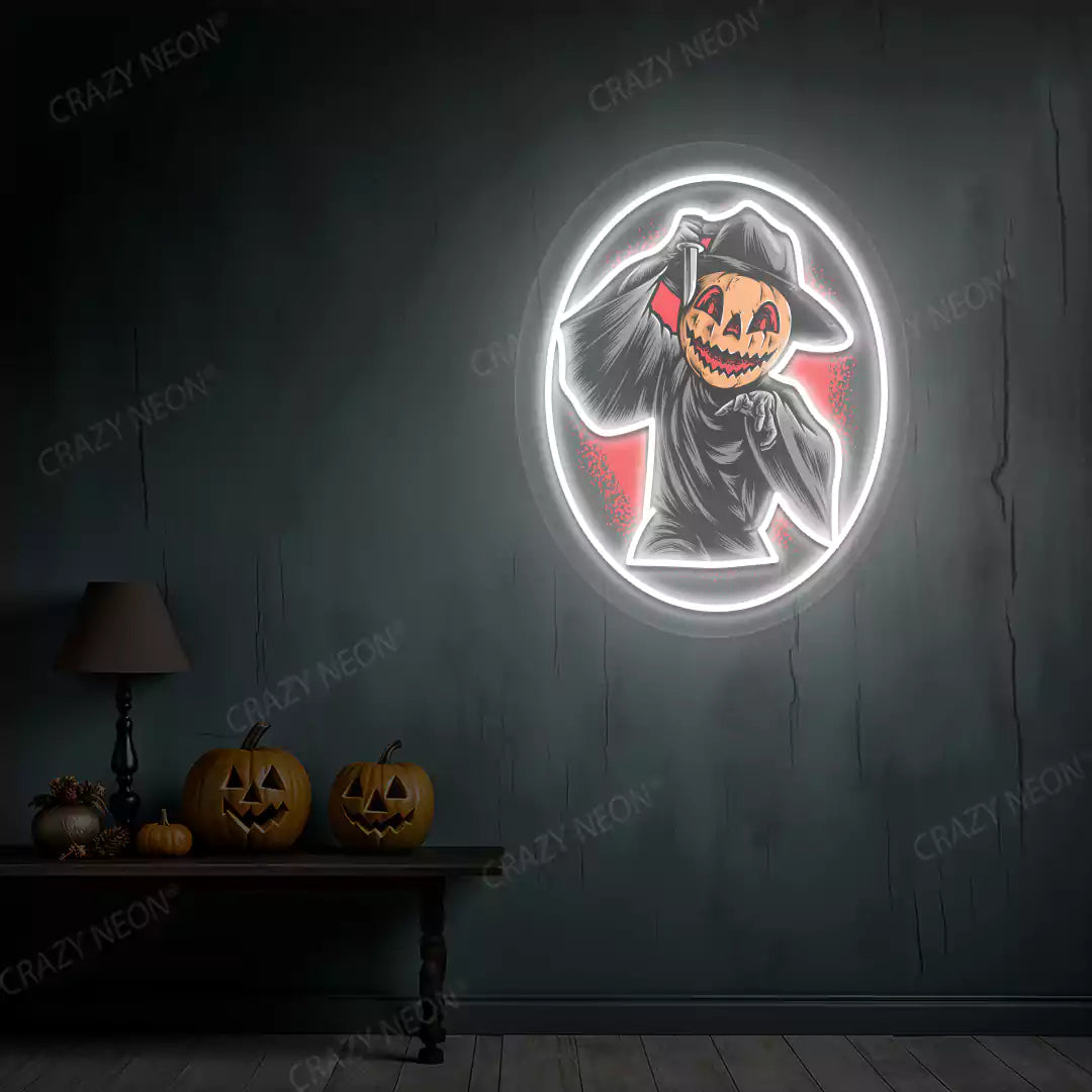 Pumpkin Reaper Neon Artwork | White