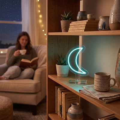Moon-shaped neon lamp glowing on a wooden bookshelf, creating a cozy reading corner with books, plants, and warm ambient lighting.