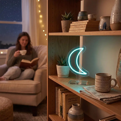 Moon-shaped neon lamp glowing on a wooden bookshelf, creating a cozy reading corner with books, plants, and warm ambient lighting.