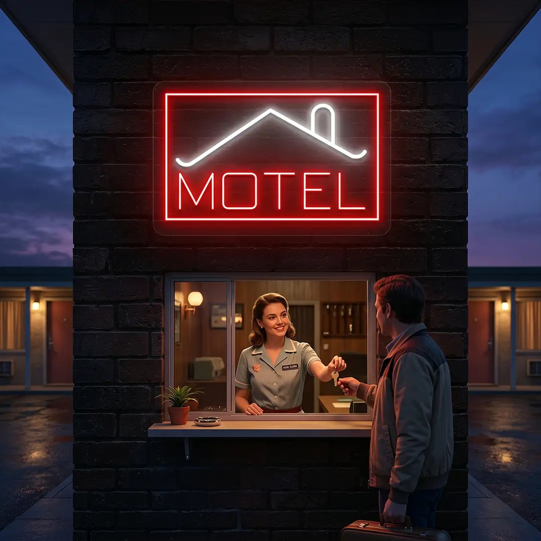 warm white and red classic stay motel vintage neon sign mounted on a wall
