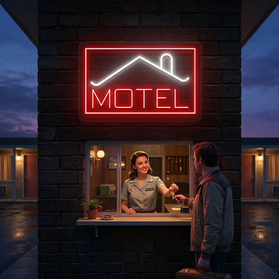 warm white and red classic stay motel vintage neon sign mounted on a wall