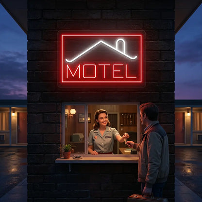 warm white and red classic stay motel vintage neon sign mounted on a wall