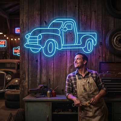 ice blue classic cruiser truck vintage neon sign mounted on a wall