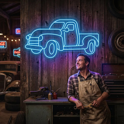 ice blue classic cruiser truck vintage neon sign mounted on a wall