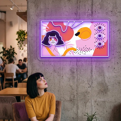 purple abstract canvas neon artwork mounted on a wall
