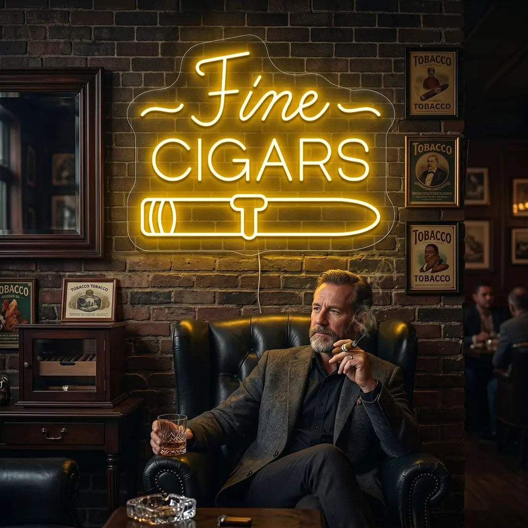 orange Fine cigars retro bar vintage neon sign mounted on a wall