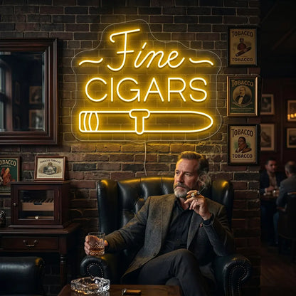 orange Fine cigars retro bar vintage neon sign mounted on a wall