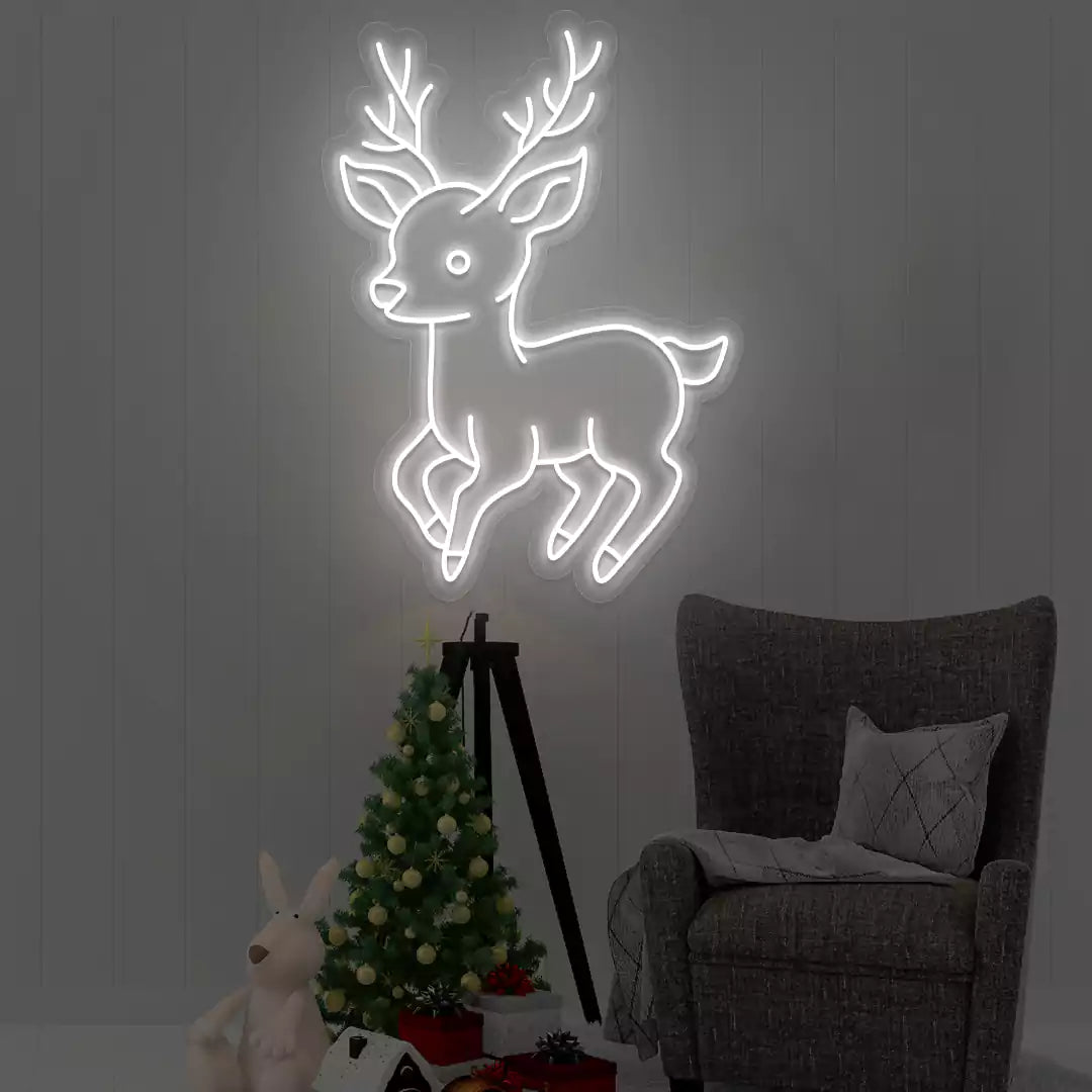Playful Baby Reindeer Neon Sign | White