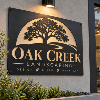 OAK CREEK landscaping custom metal logo sign in black color on entrance outdoor wall