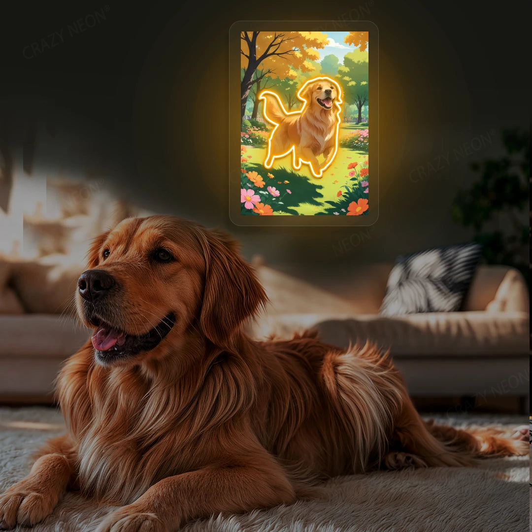 Golden Retriever Garden Portrait Neon Artwork in Orange color