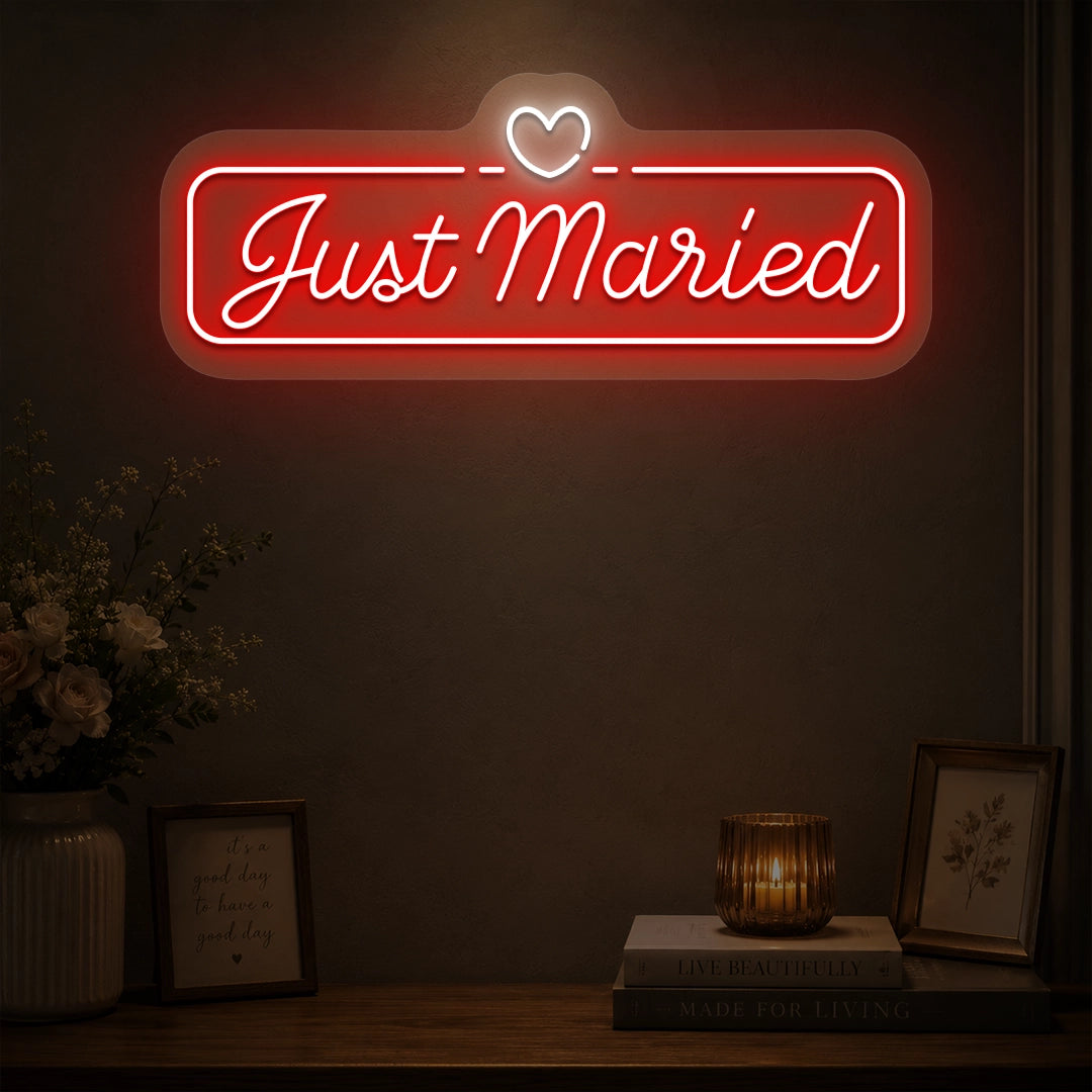 Just Married Heartbound Wedding Neon Sign in red color