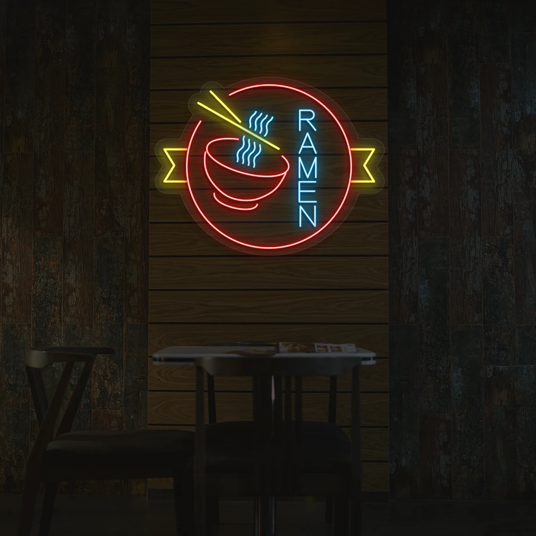 ice blue red and yellow classic ramen neon sign mounted on a wall