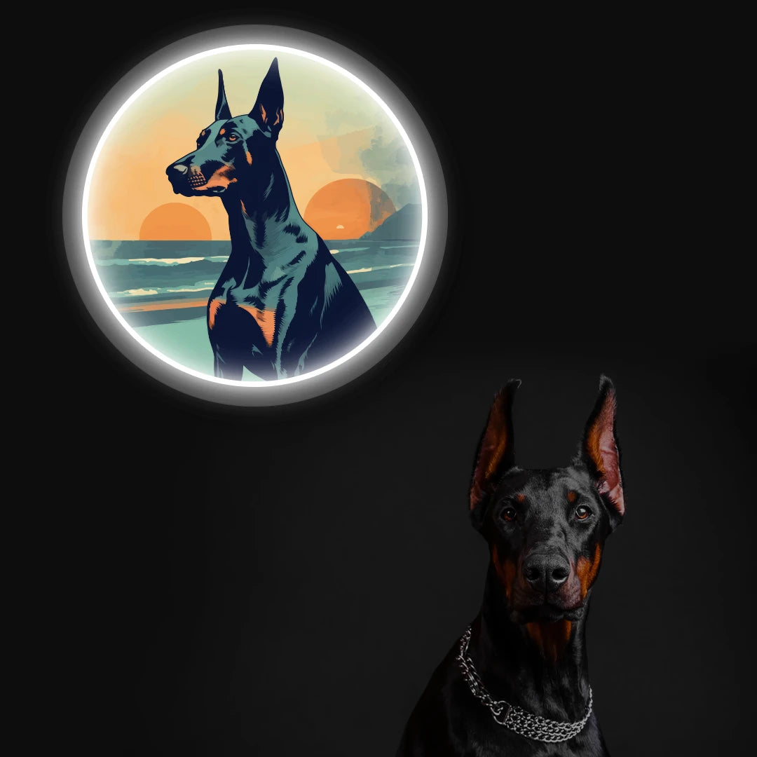 Twin Sunset Beach Doberman Neon Artwork in White Color