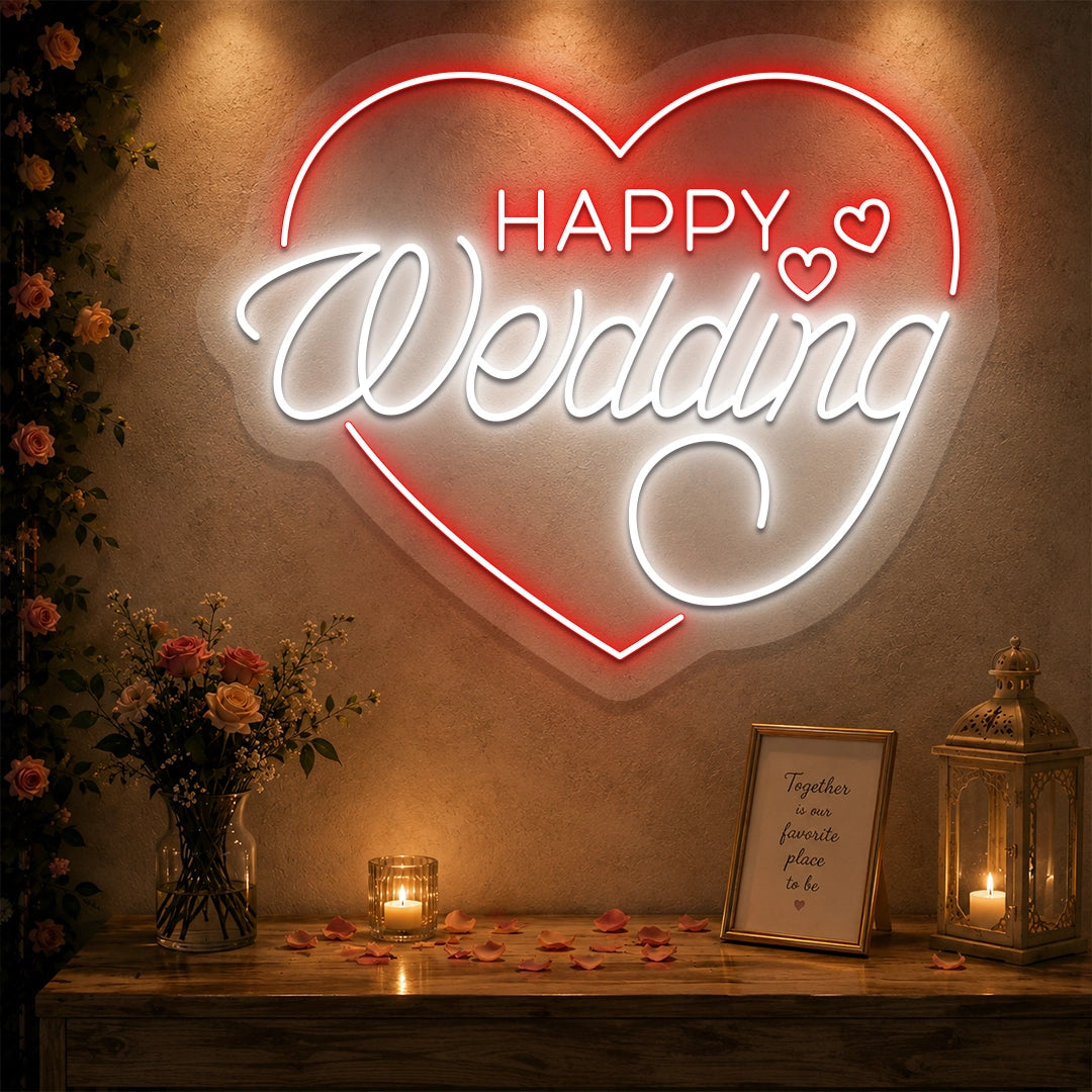 Happy Wedding Glow Neon Sign in Red color