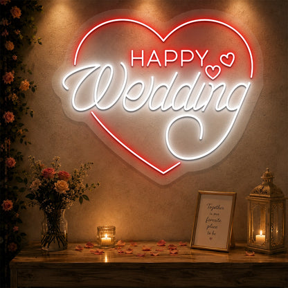Happy Wedding Glow Neon Sign in Red color