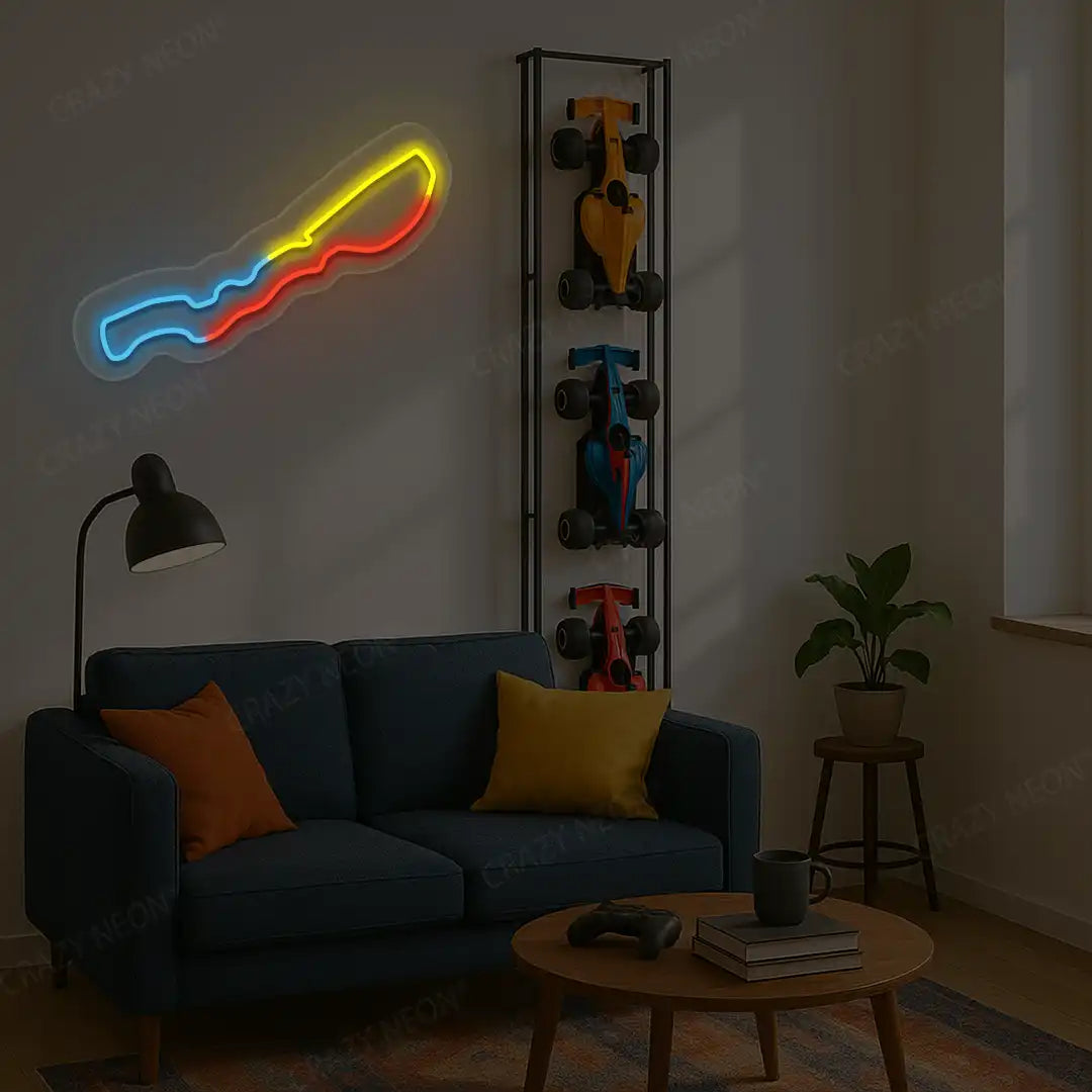 Jeddah Street Grand Prix Circuit Neon Sign glowing in blue red and yellow color 