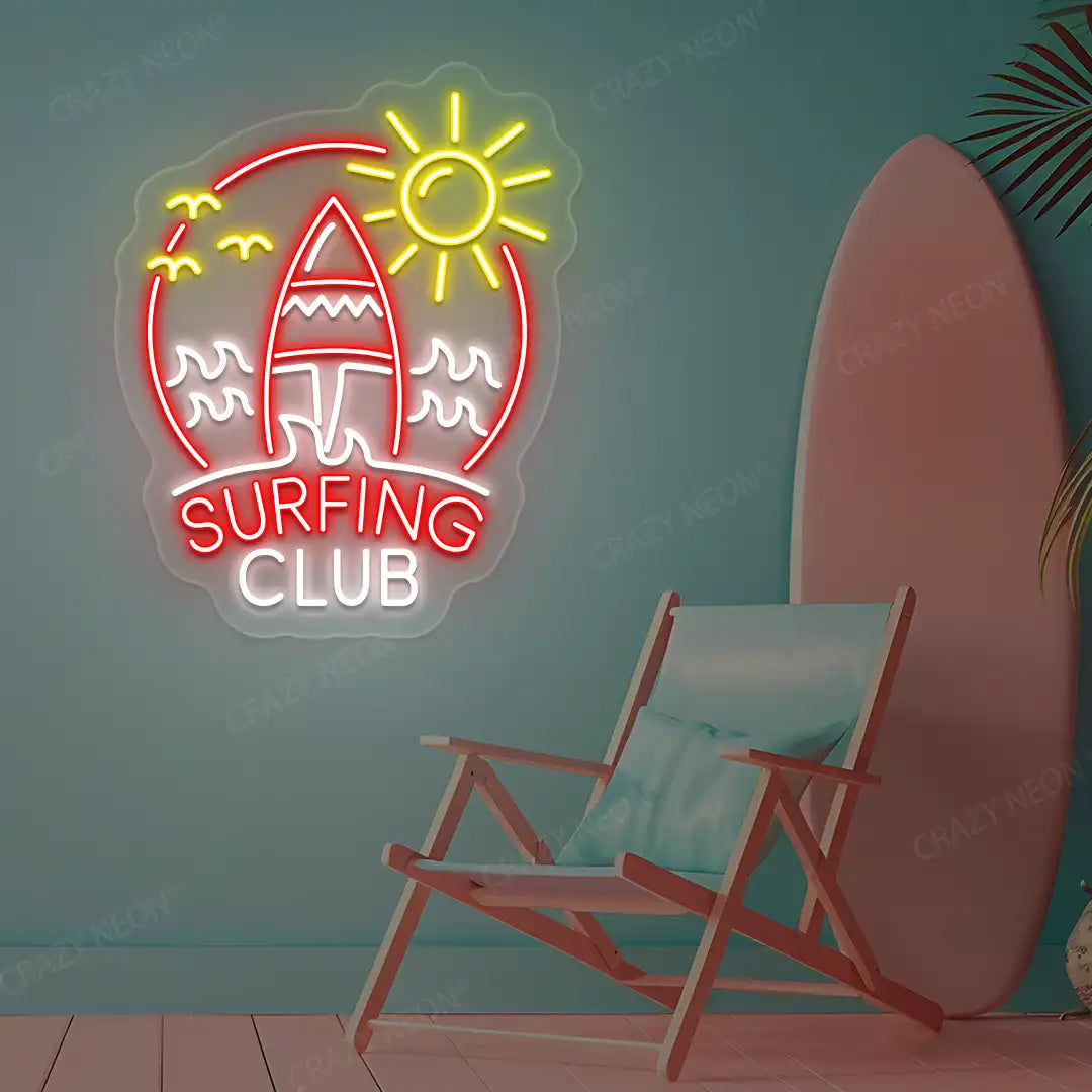 red white and yellow surfing club beach neon sign mounted on a wall