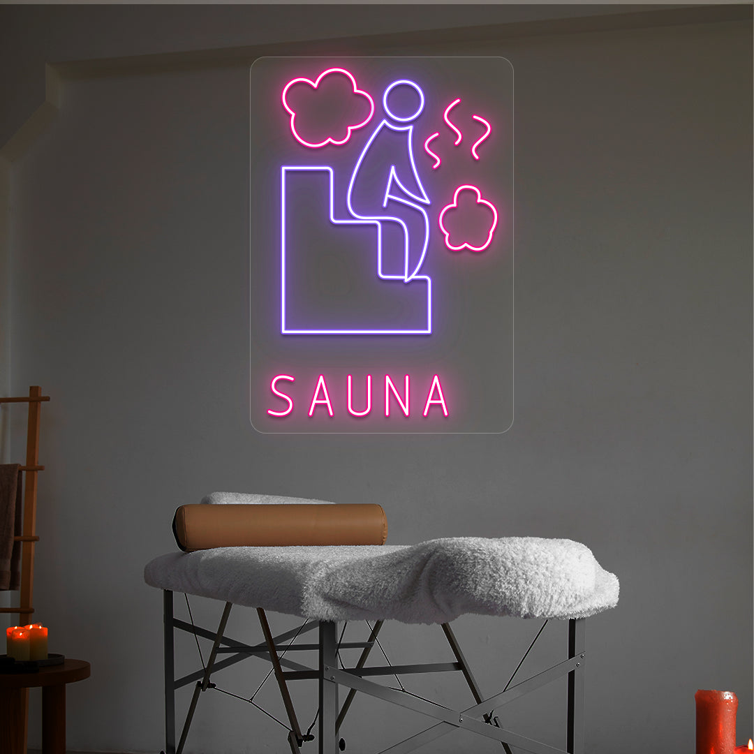 Sauna Relax neon sign in purple and pink colors glowing in a spa room