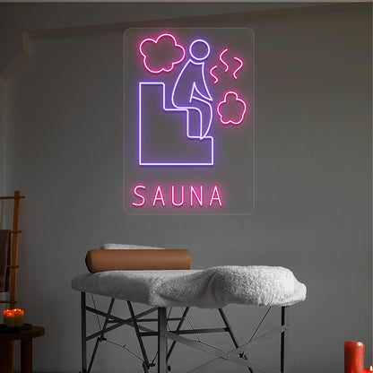 Sauna Relax neon sign in purple and pink colors glowing in a spa room
