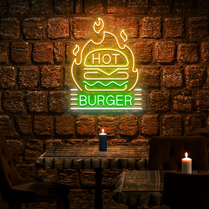 green yellow orange and white hot burger neon sign mounted on a wall