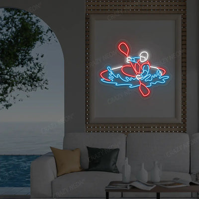 red white and ice blue water sport kayaker neon sign mounted on a wall