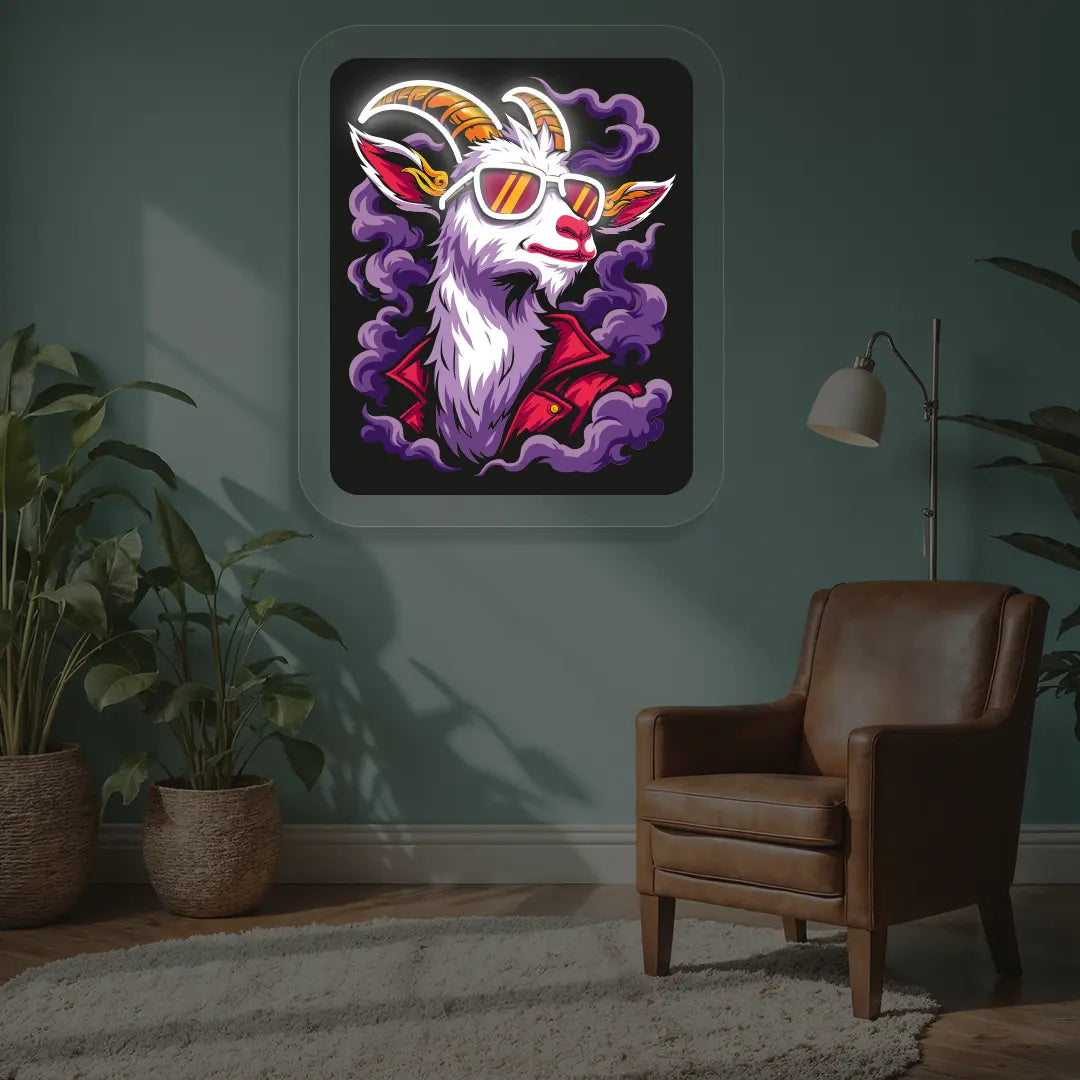 Stylish Goat with Sunglasses Neon Artwork in White color