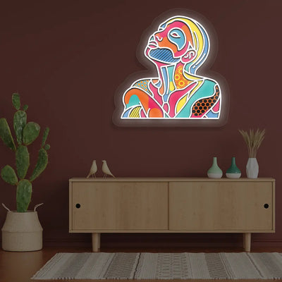 Color Pop Face Neon Artwork on Red wall