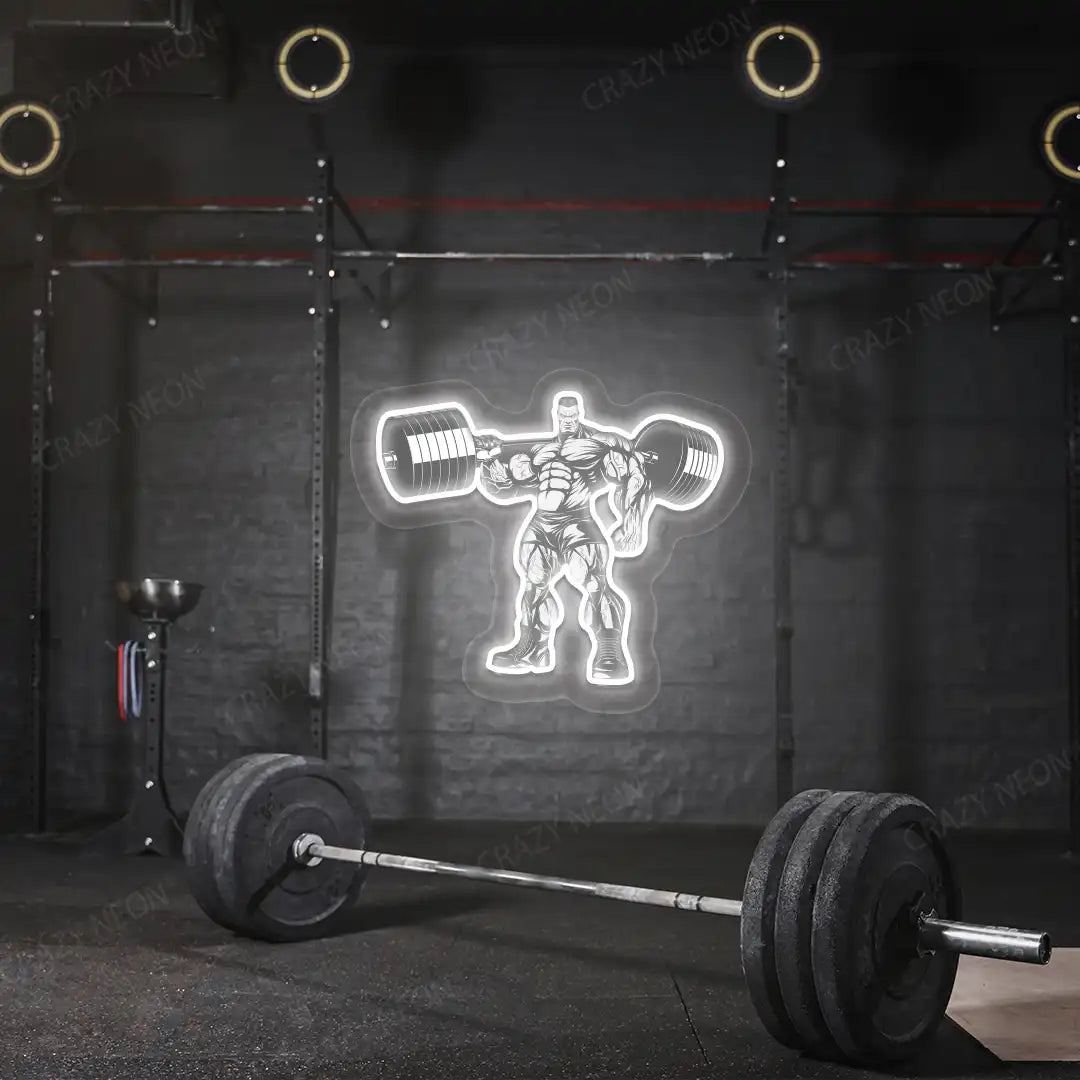 white bodybuilder power flex gym neon artwork mounted on a wall