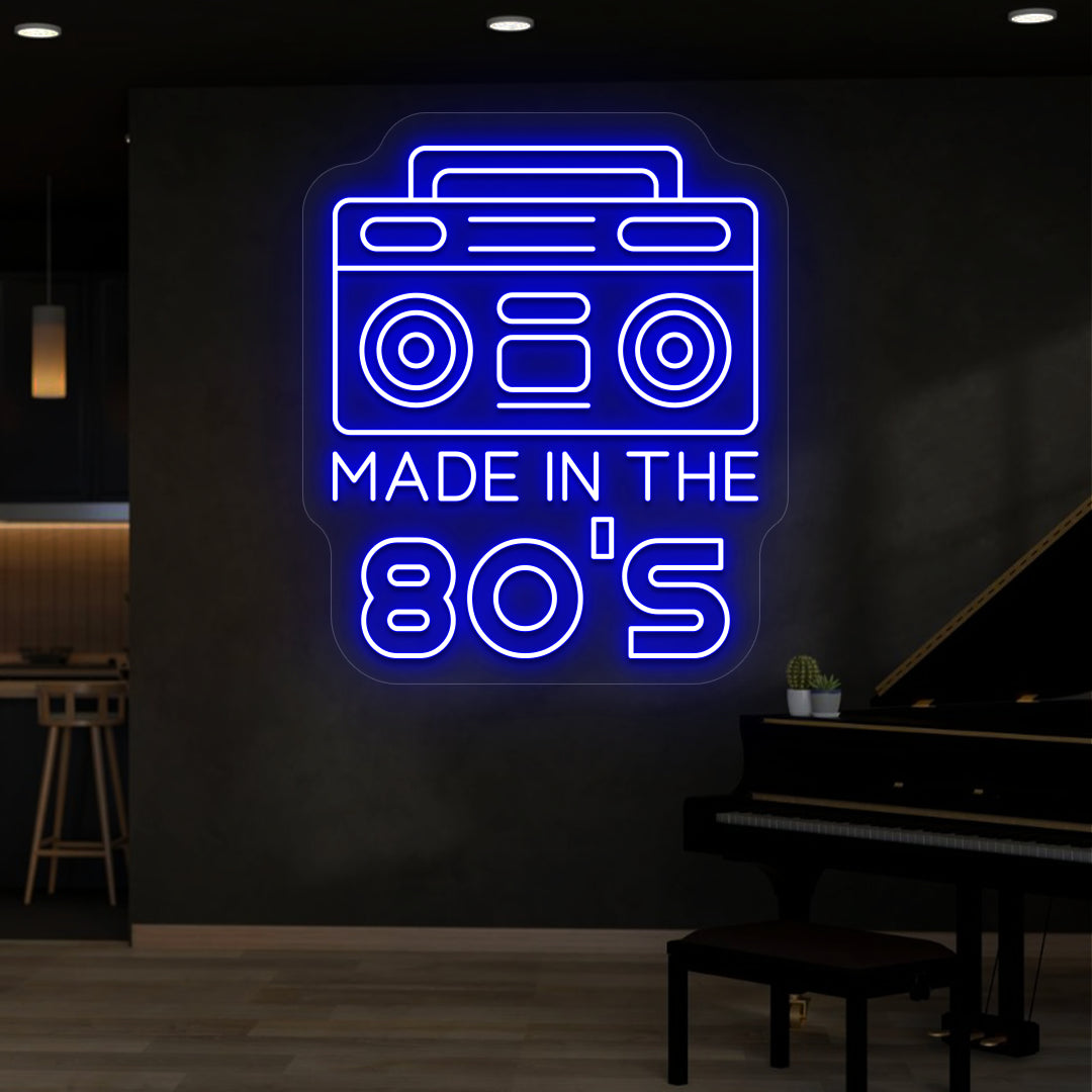 blue made in the 80s stereo vintage neon sign mounted on a wall