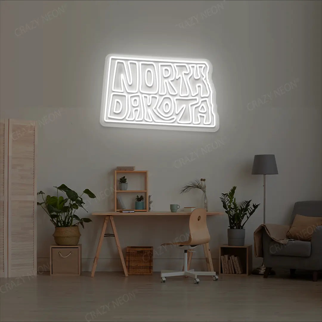 NORTH DAKOTA Map Neon Sign lighting up in white color in a room