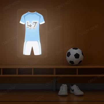 Light blue football jersey neon artwork with number 47 glowing on a wooden wall