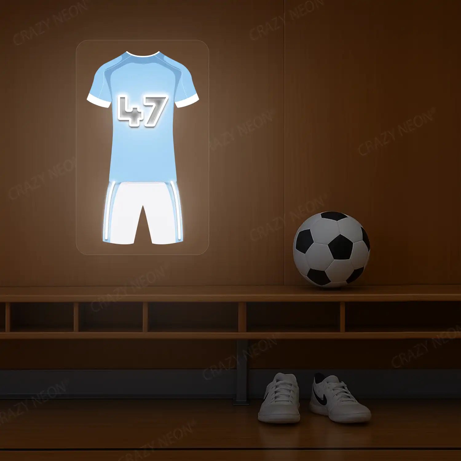 Light blue football jersey neon artwork with number 47 glowing on a wooden wall