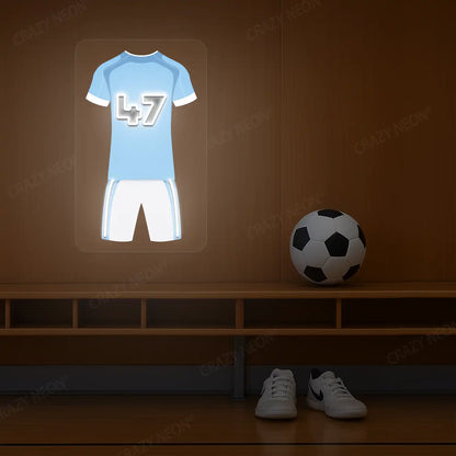 Light blue football jersey neon artwork with number 47 glowing on a wooden wall