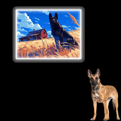 Golden Field German Shepherd Farm Neon Artwork In White Color