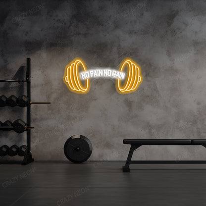 orange and white no pain no gain gym neon sign mounted on a wall