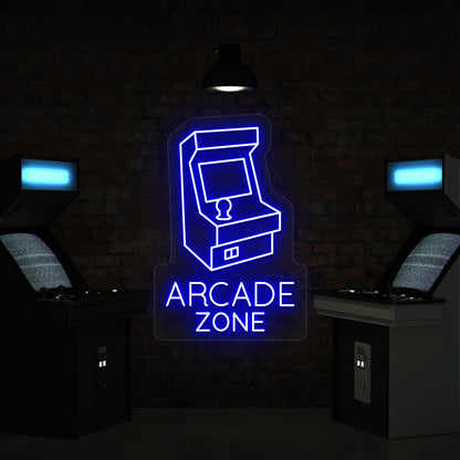 blue nostalgic arcade zone vintage neon sign mounted on a wall