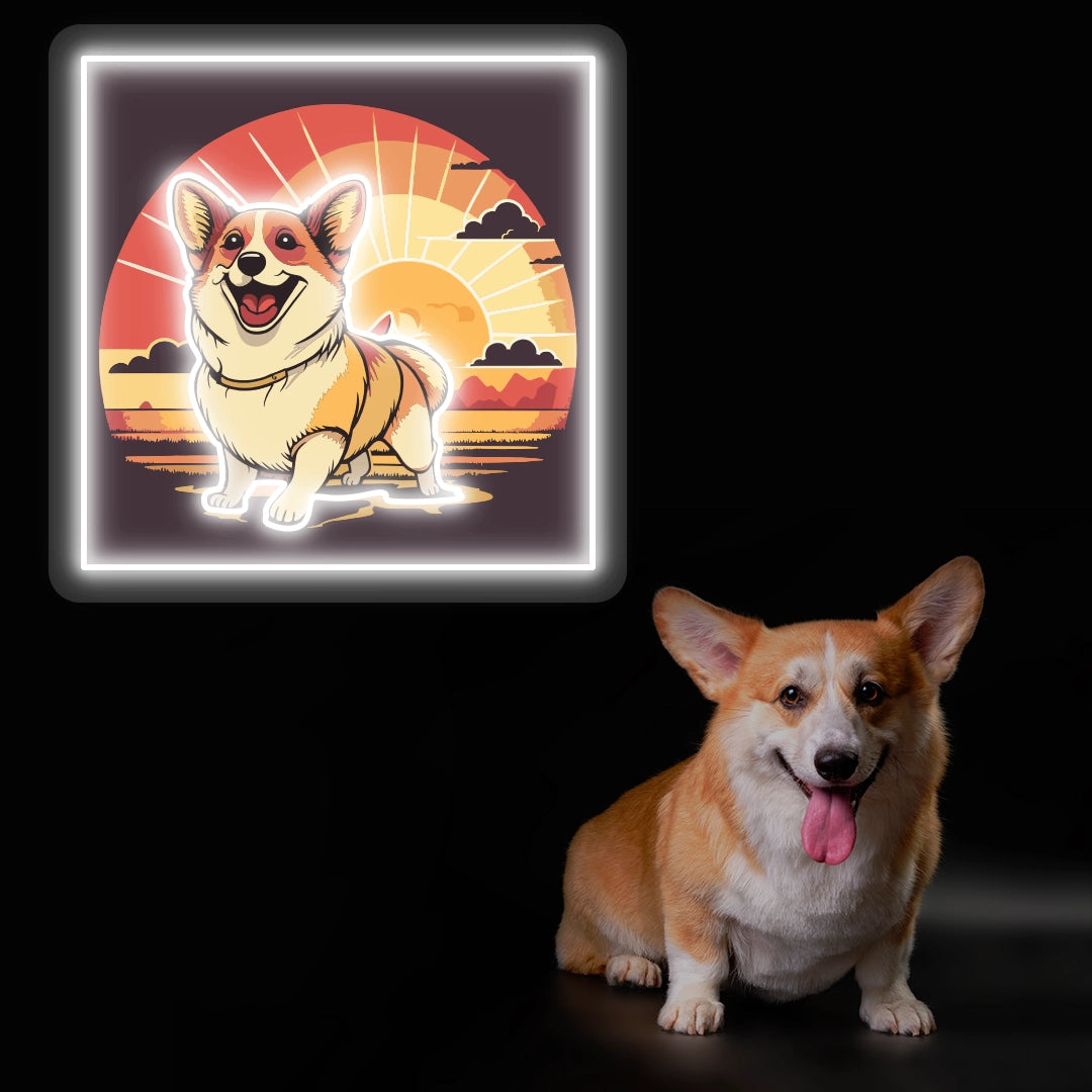 Smiling Corgi Sunset Portrait Neon Artwork in White color